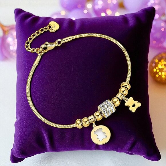 🆕️18K Gold Plated Bear Charm Bracelet with Sparkling Rhinestones & Beads 💫🐻 - Picture 1 of 12